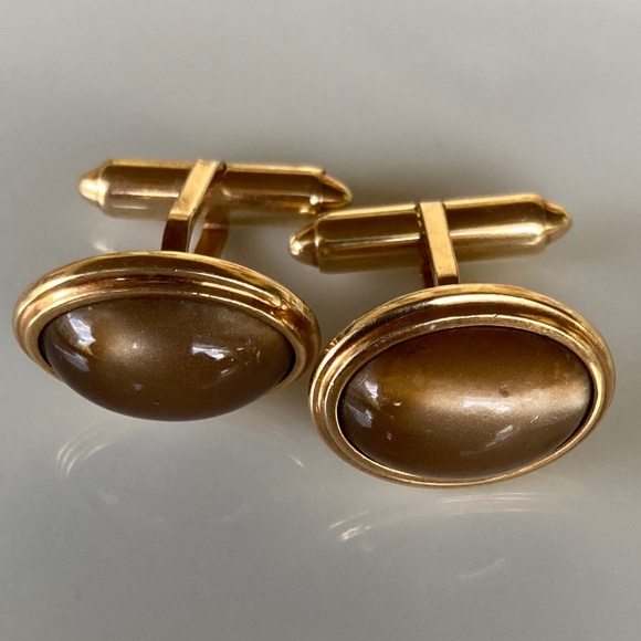Vintage Krementz Tiger’s Eye Cufflinks– Pre-Patent 1930s • Gold Tone • Oval Dome - Picture 1 of 14